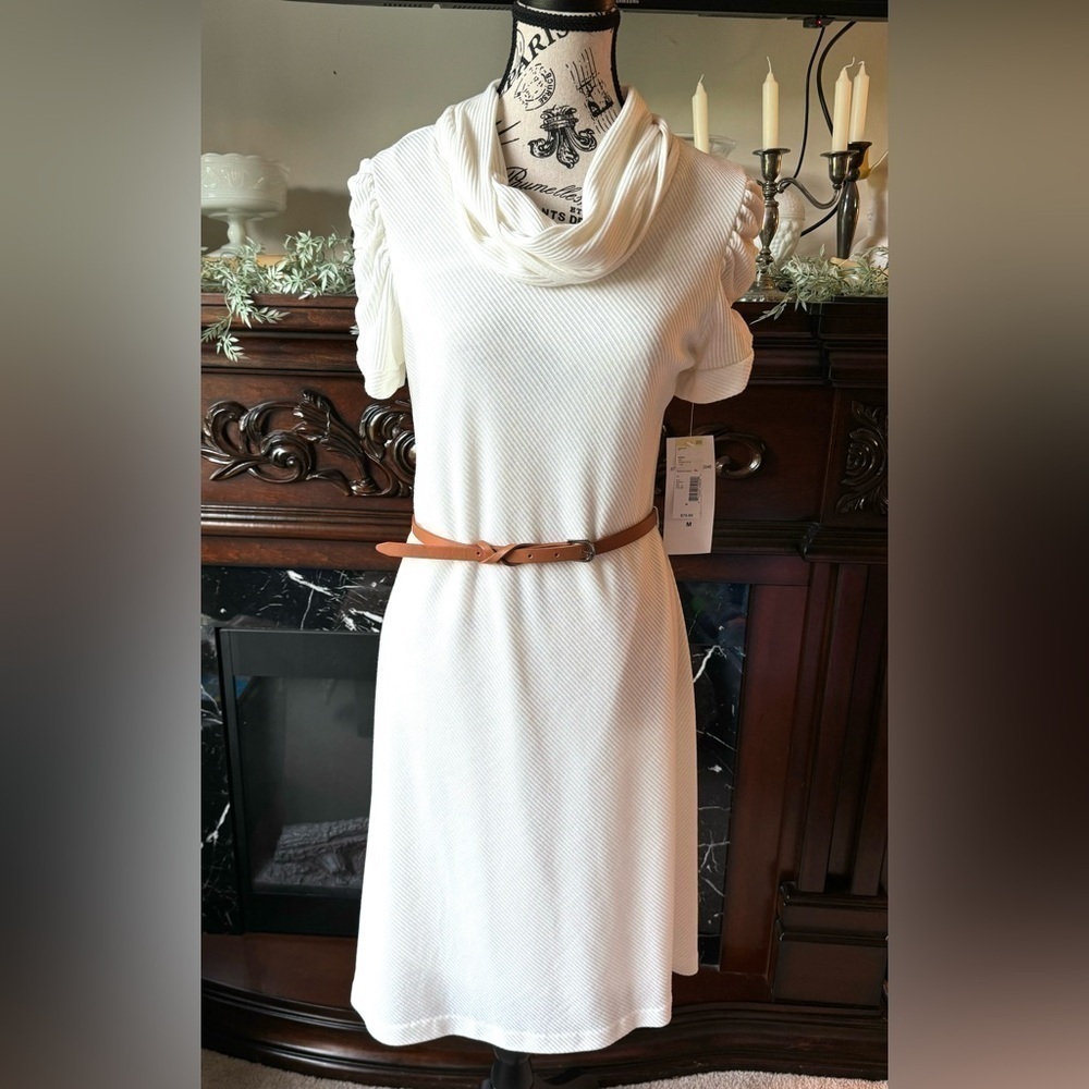 Women’s Amanda Lane Rib Knit Ivory Cowl Neck Dress Size Medium NWT